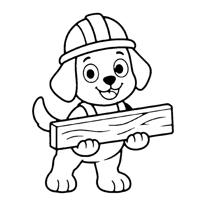 Line drawing of a puppy in a hard hat carrying a long wooden plank