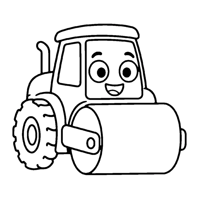 Line drawing of a smiling road roller with a big front drum, a cab and a large back tire