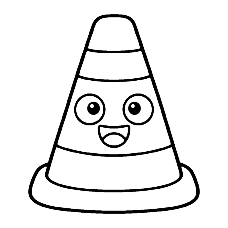 Line drawing of a smiling traffic cone with two stripes standing on a square base