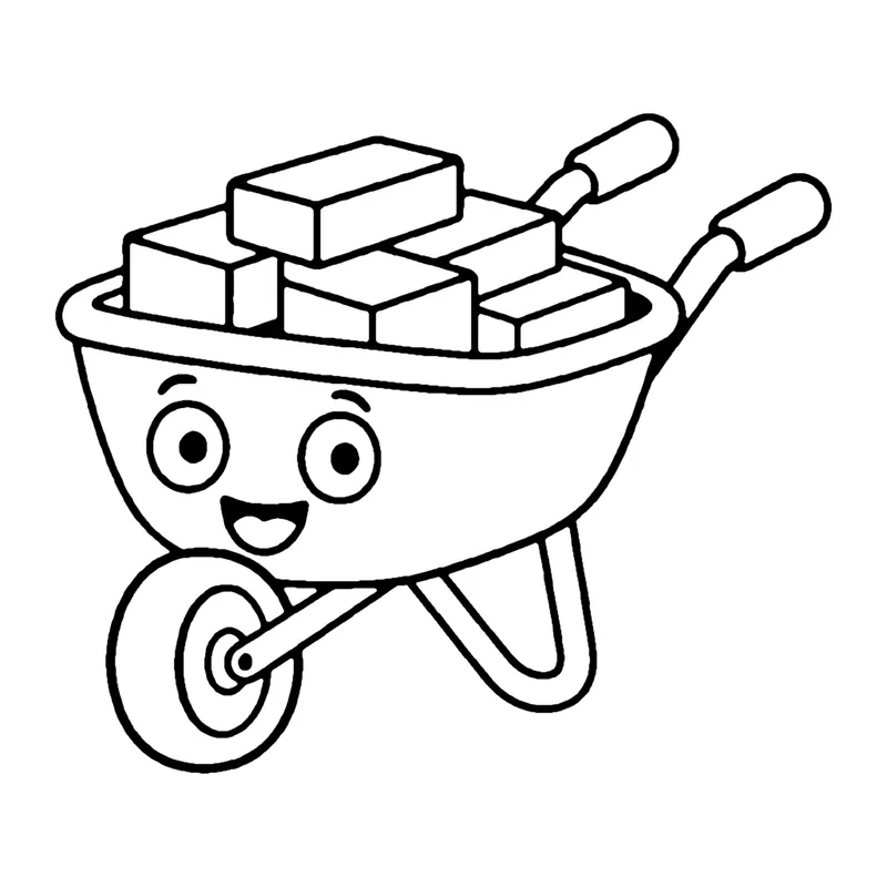 Line drawing of a smiling wheelbarrow piled high with bricks, with one front wheel and two handles
