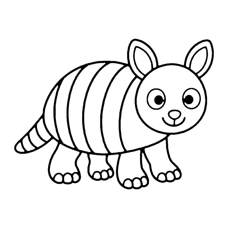 Line drawing of an armadillo with banded armor, big ears and a ringed tail