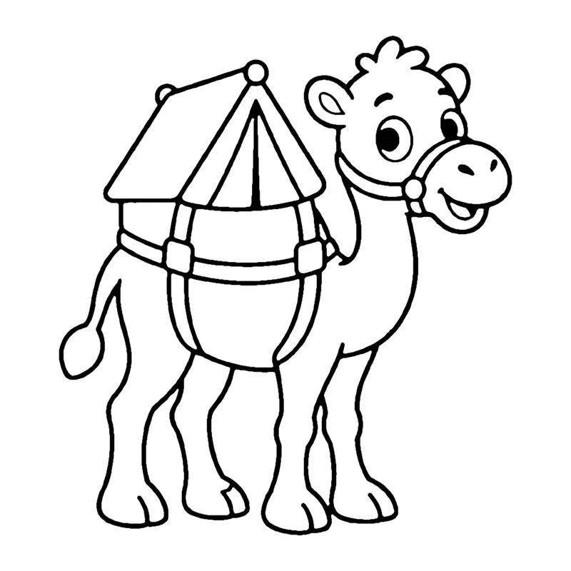 Line drawing of a smiling camel wearing a bridle and carrying a striped canopy saddle