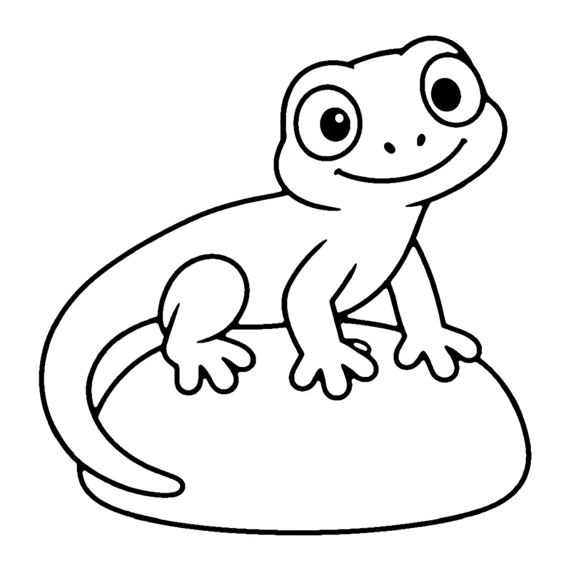 Line drawing of a big-eyed lizard with a long curling tail resting on a smooth rock