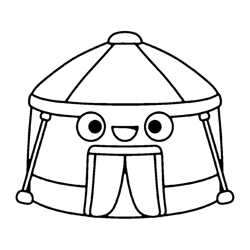 Line drawing of a smiling round tent with a pointed roof and an open striped doorway