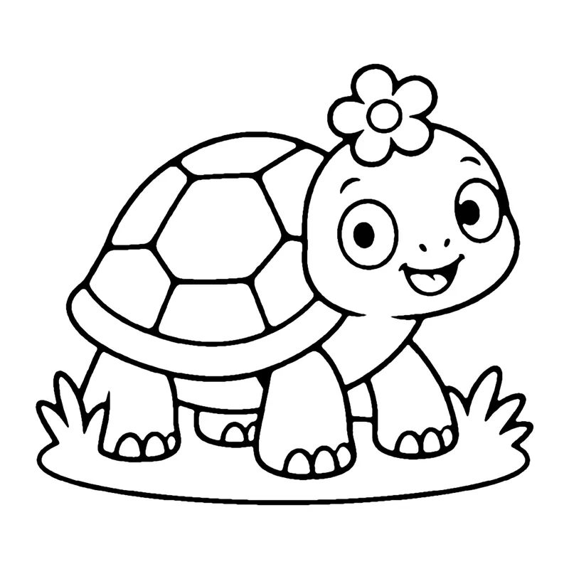 Line drawing of a smiling tortoise with a flower on its head and a patterned shell on grass