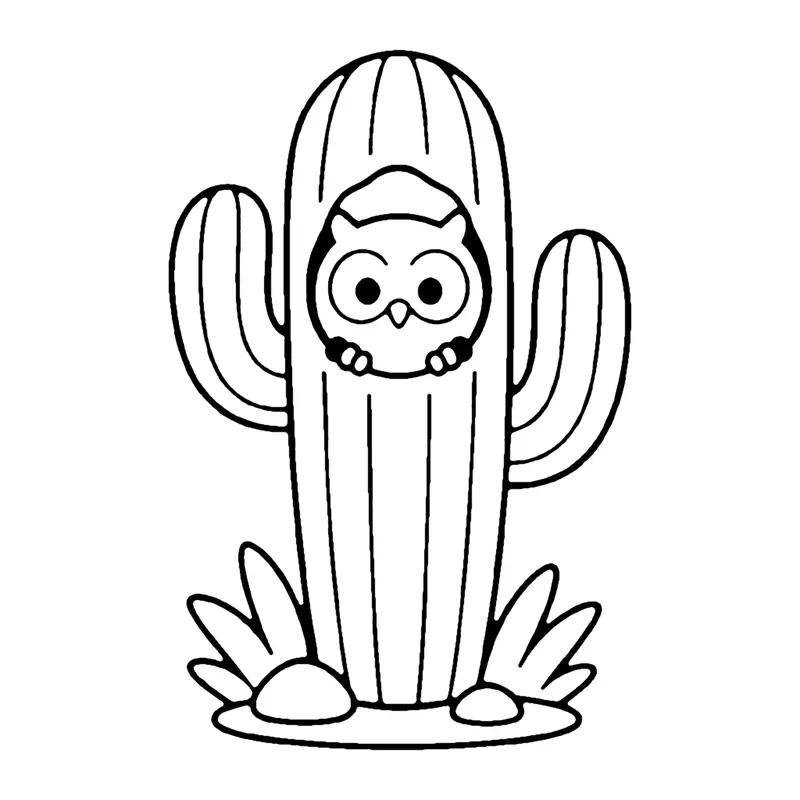 Line drawing of a small owl peeking out of a hole in a tall saguaro cactus