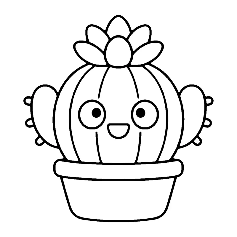 Line drawing of a round smiling cactus in a pot with a large flower blooming on top