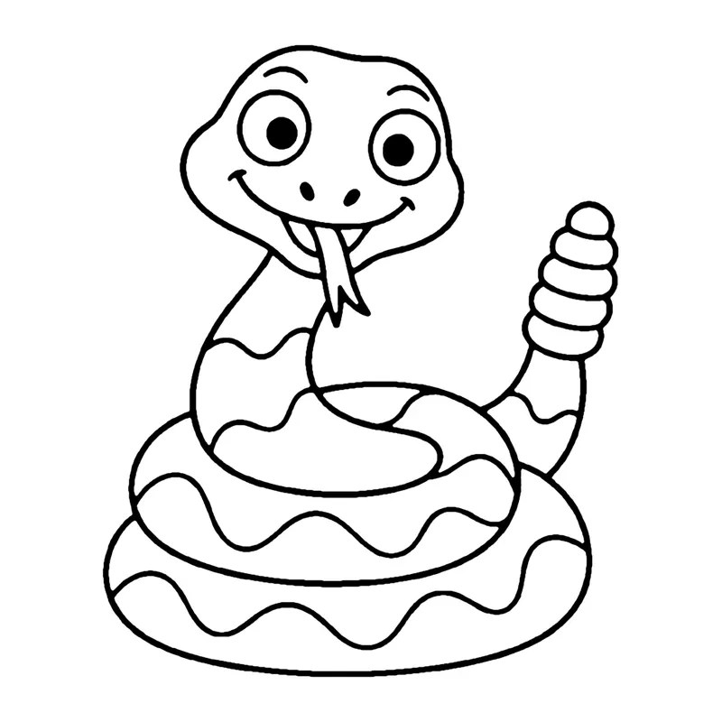 Line drawing of a smiling coiled rattlesnake with a wavy pattern and a rattle on its tail