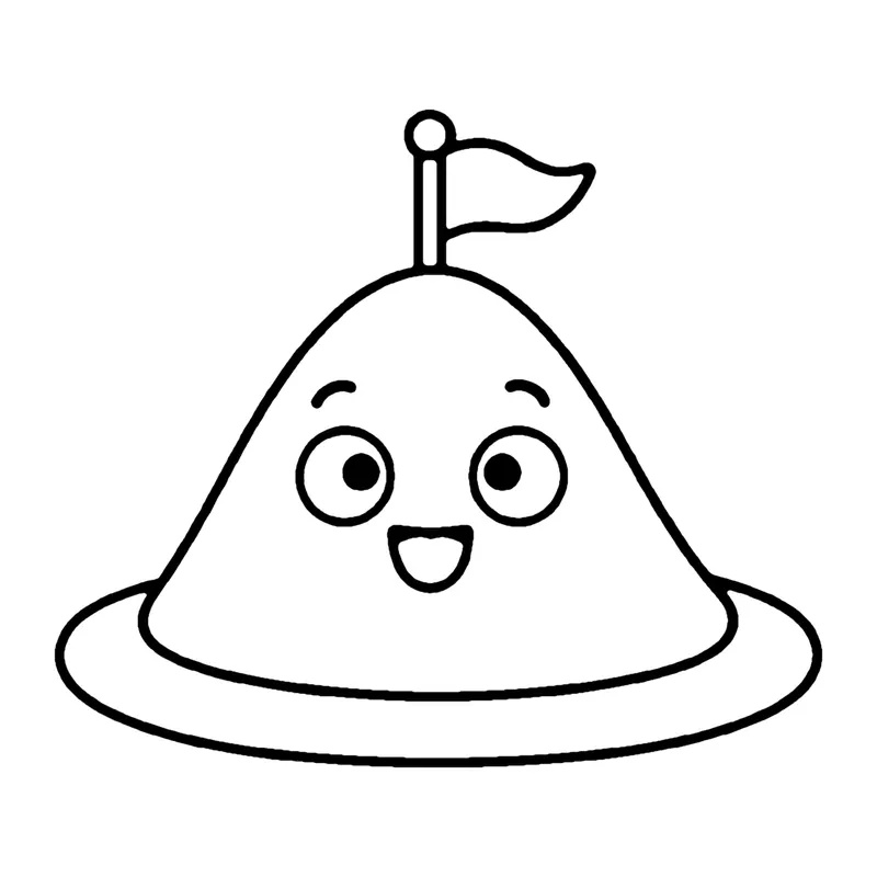 Line drawing of a smiling sand dune shaped like a hill with a little flag on top