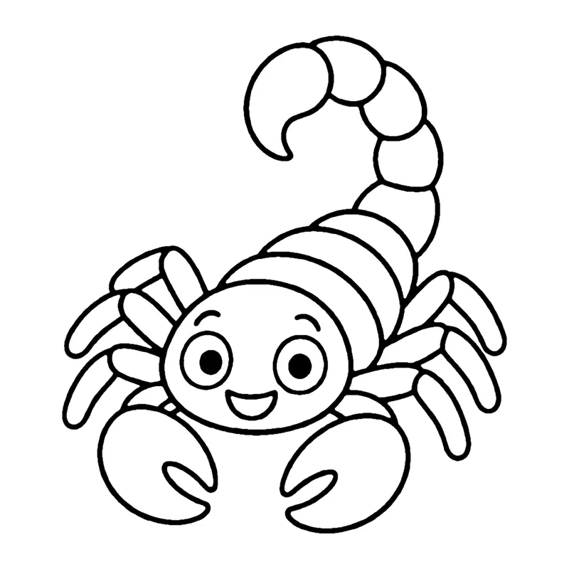 Line drawing of a smiling cartoon scorpion with pincers and a curled segmented tail