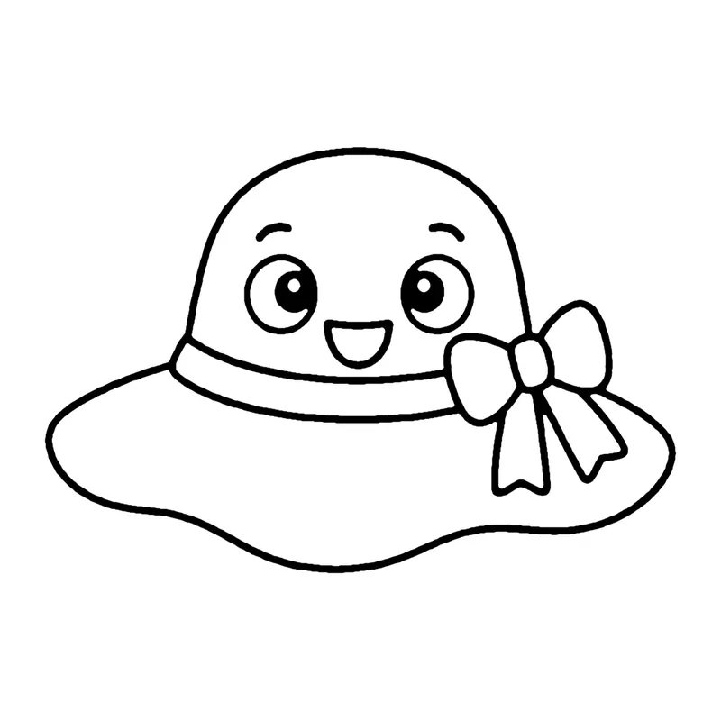 Line drawing of a smiling wide-brimmed sun hat with a ribbon band and a bow