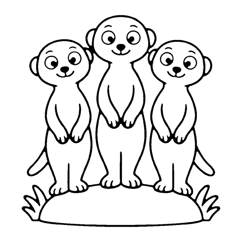 Line drawing of three meerkats standing upright side by side on a small hill