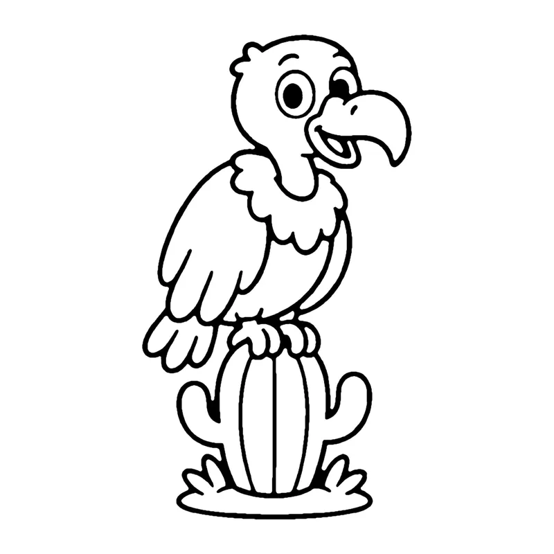 Line drawing of a vulture with a fluffy neck ruff perched on top of a small cactus