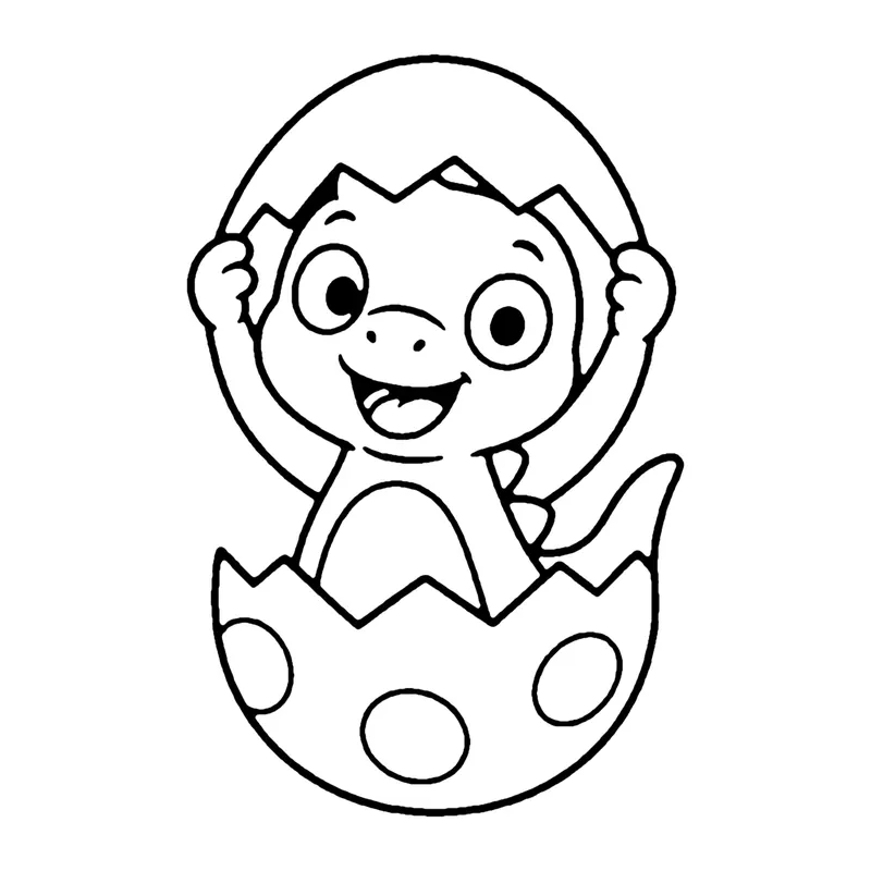 Line drawing of a baby dinosaur waving its arms from inside a cracked egg with big round spots