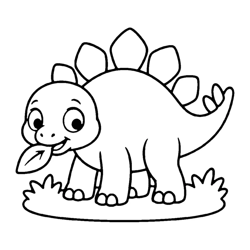 Line drawing of a baby stegosaurus holding a leaf in its mouth, with back plates, on a patch of grass