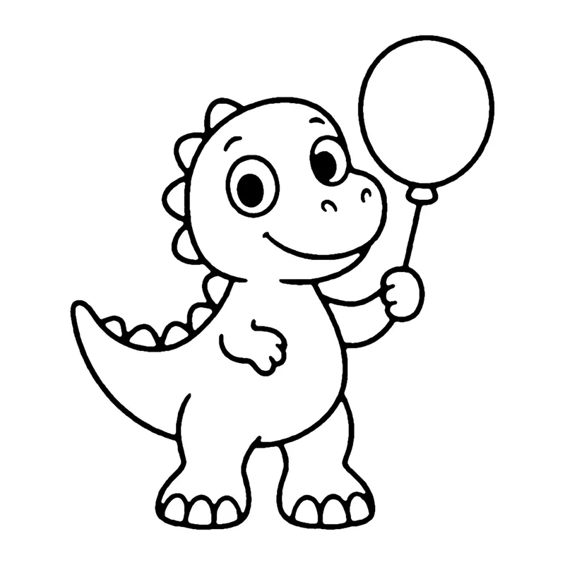 Line drawing of a baby T-Rex with spiky bumps on its head holding a round balloon on a string