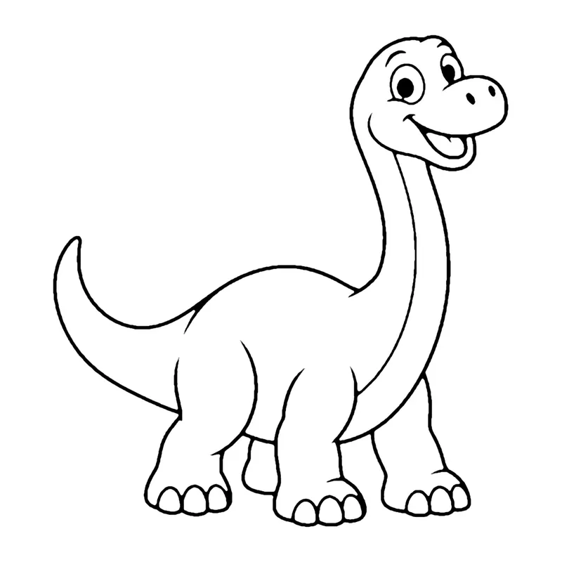 Line drawing of a long-necked brontosaurus smiling, with a long curved tail and four sturdy legs