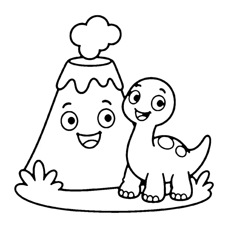 Line drawing of a smiling volcano puffing smoke next to a small spotted long-necked dinosaur
