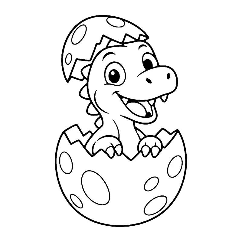 Line drawing of a baby dinosaur popping out of a cracked spotted egg with a shell piece on its head