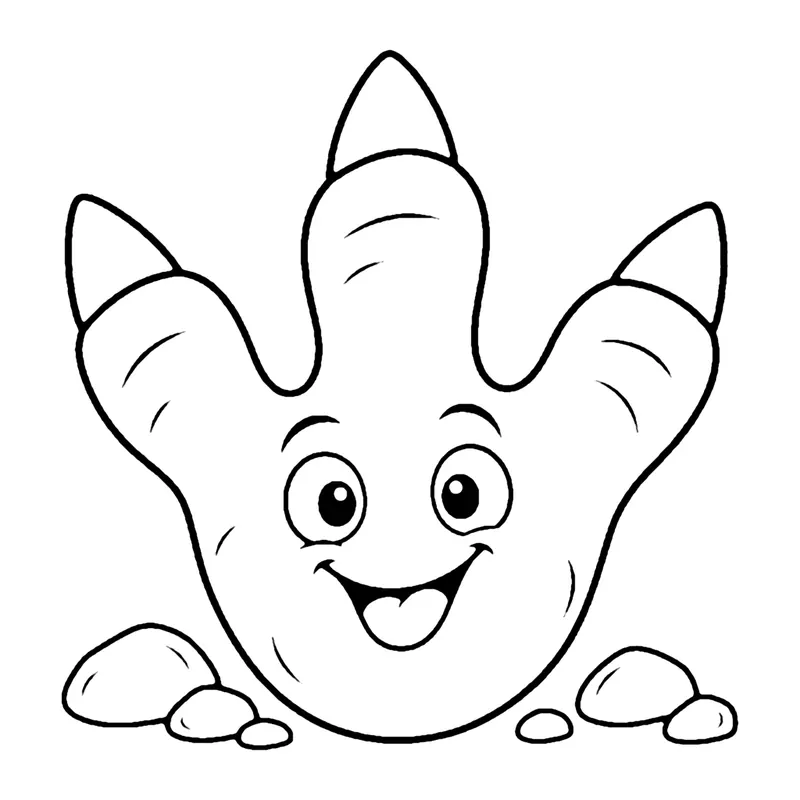 Line drawing of a big three-toed dinosaur footprint with a smiling face and small pebbles around it