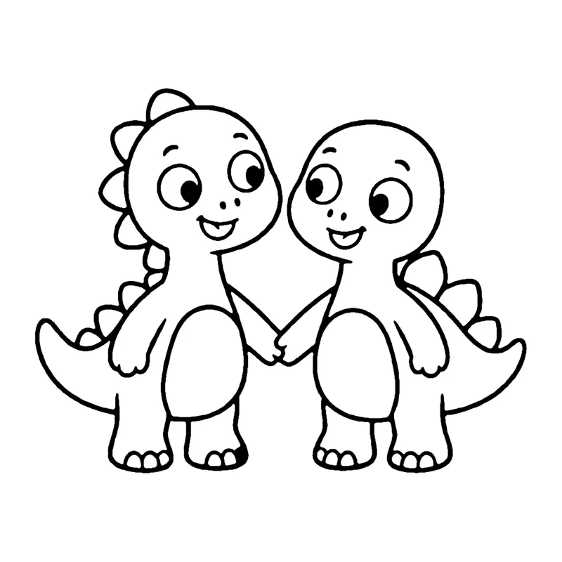 Line drawing of two smiling baby dinosaurs with back plates holding hands side by side