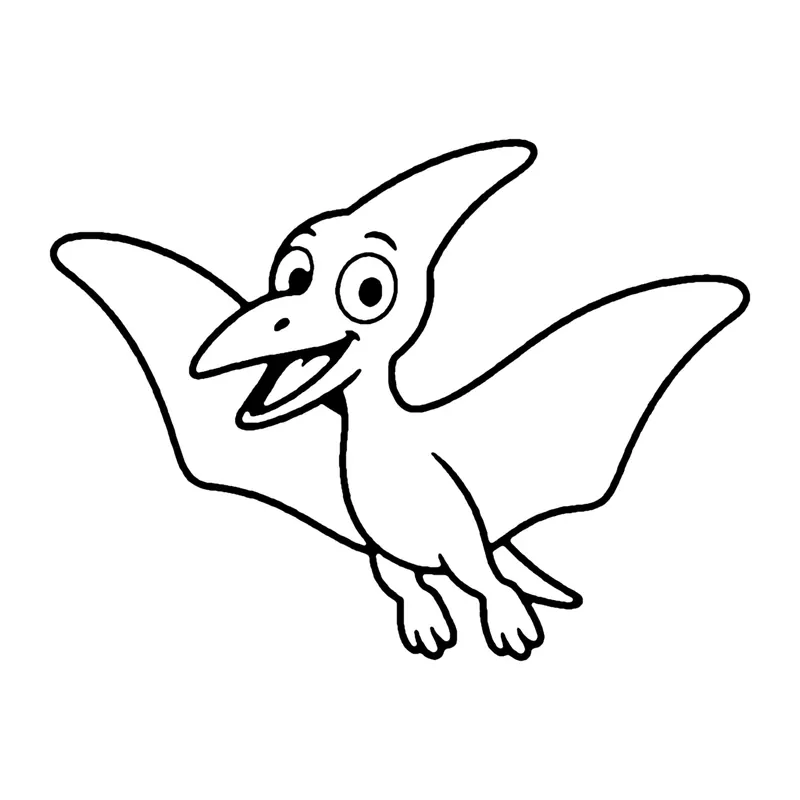 Line drawing of a smiling pterodactyl with wide pointed wings and a crest on its head