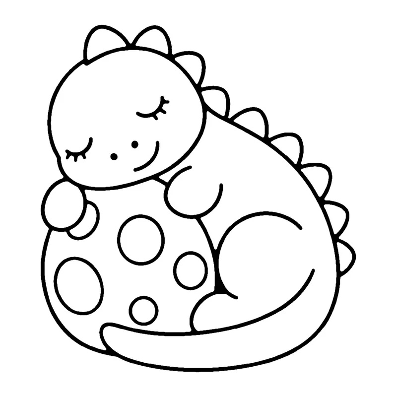 Line drawing of a sleeping dinosaur with closed eyes curled around a large spotted egg