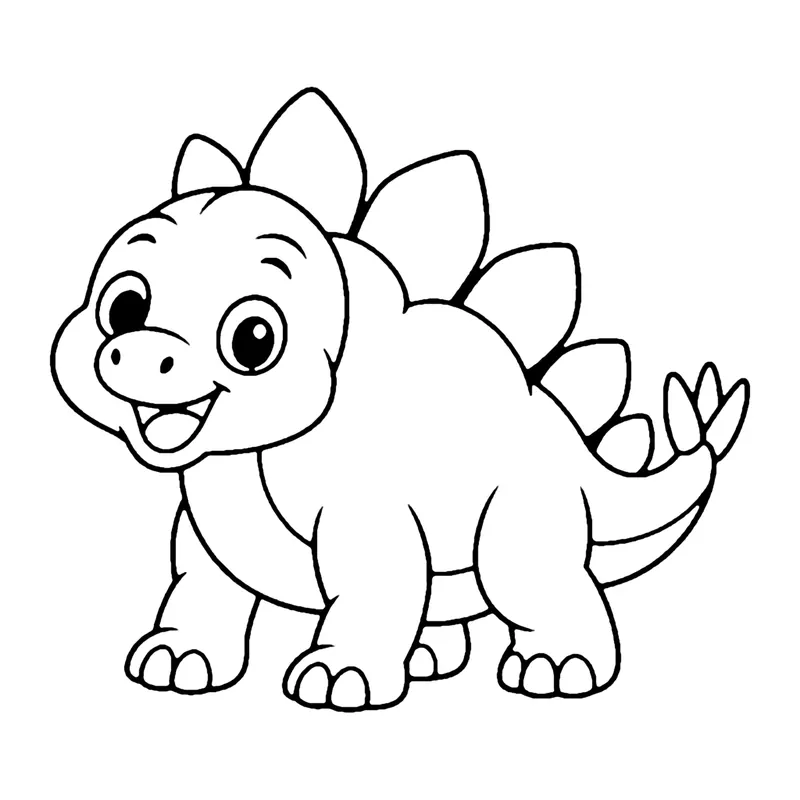 Line drawing of a smiling chubby stegosaurus with a row of pointed plates on its back and a spiked tail