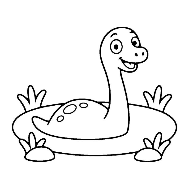 Line drawing of a long-necked dinosaur swimming in a pond with only its neck and back above the water