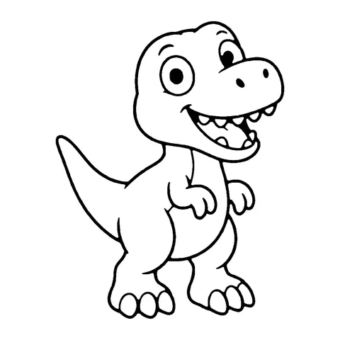 Line drawing of a grinning cartoon T-Rex standing on strong back legs with tiny arms and a long tail