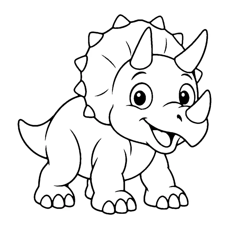 Line drawing of a happy triceratops with three horns and a wide bumpy frill around its head