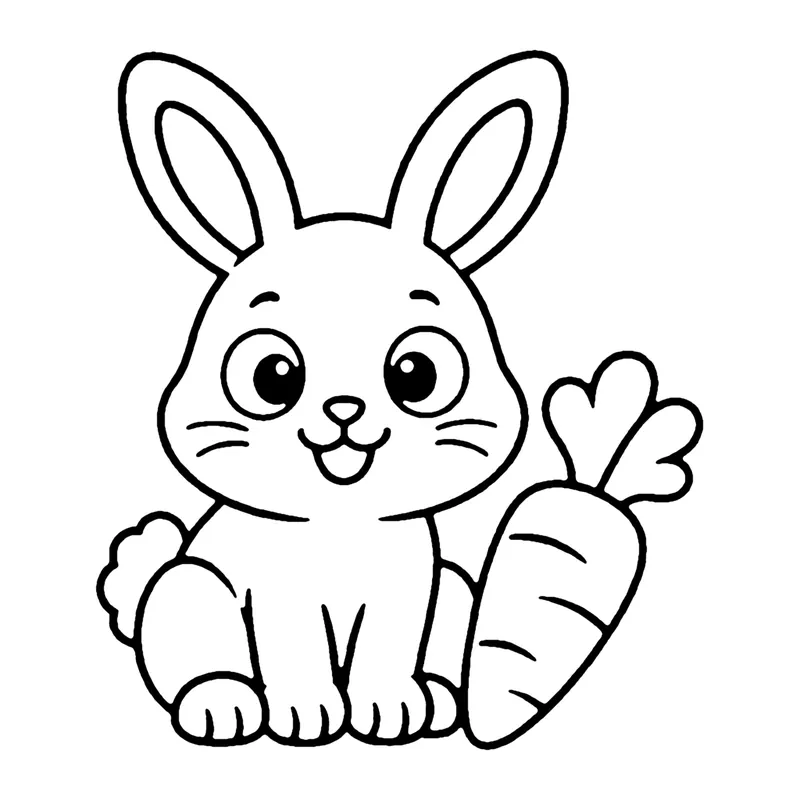 Line drawing of a sitting bunny with tall ears next to a carrot with leafy top