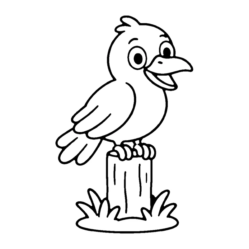 Line drawing of a crow perched on a wooden fence post with grass at the bottom