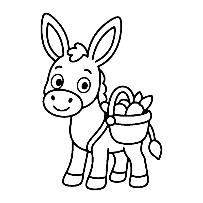 Line drawing of a smiling donkey with long ears carrying a basket of vegetables on its side