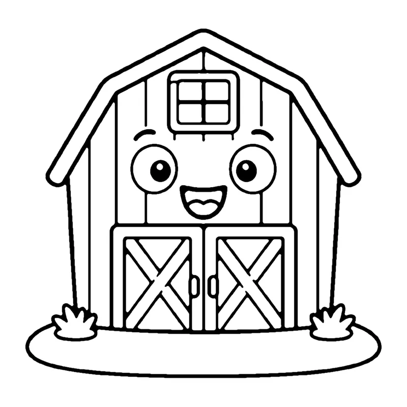 Line drawing of a smiling barn with plank walls, a top window and big X-braced double doors