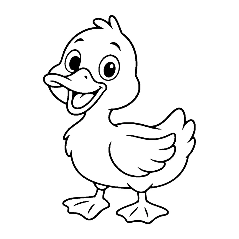 Line drawing of a smiling duck with a wide bill, a folded wing and webbed feet