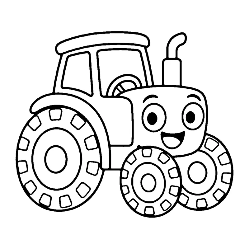 Line drawing of a smiling tractor with a big ridged back wheel, a small front wheel and an exhaust pipe
