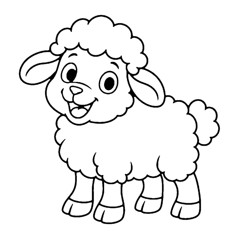 Line drawing of a fluffy sheep with a curly wool coat, floppy ears and four little legs