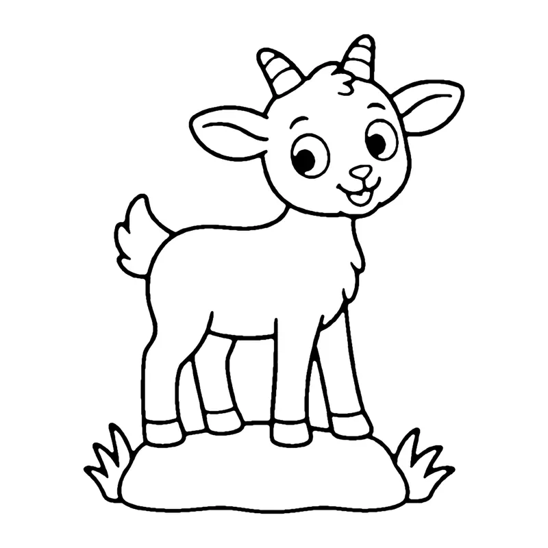Line drawing of a young goat with small horns and pointed ears standing on a grassy mound