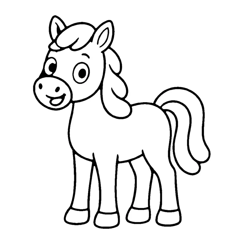 Line drawing of a young horse with a wavy mane, a long flowing tail and a friendly smile