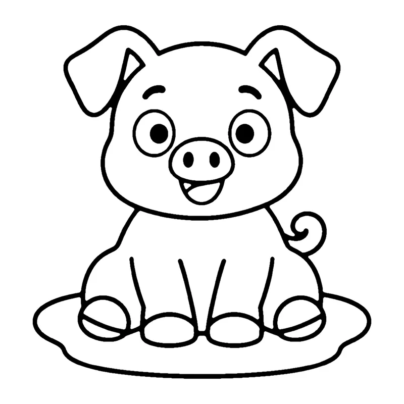 Line drawing of a little piglet sitting happily in a round puddle of mud