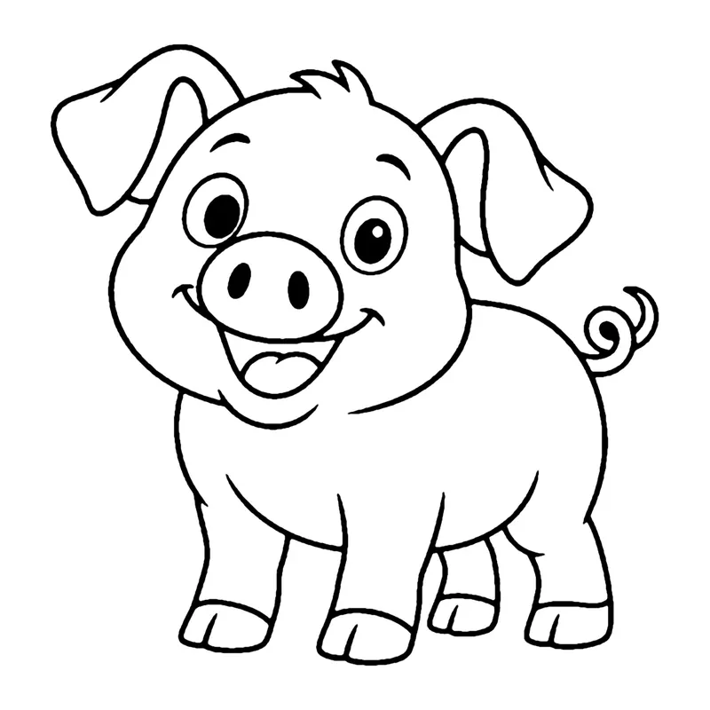 Line drawing of a cheerful pig with floppy ears, a round snout and a curly tail