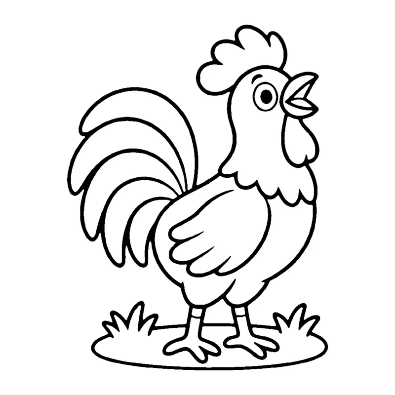 Line drawing of a rooster with a tall comb and long curved tail feathers standing on grass