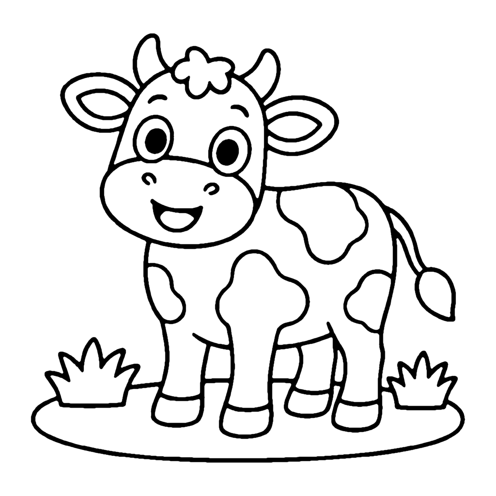 Line drawing of a smiling spotted cow with a tufted tail standing on a patch of grass