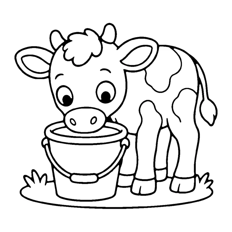 Line drawing of a spotted calf with its nose in a metal bucket, standing on grass