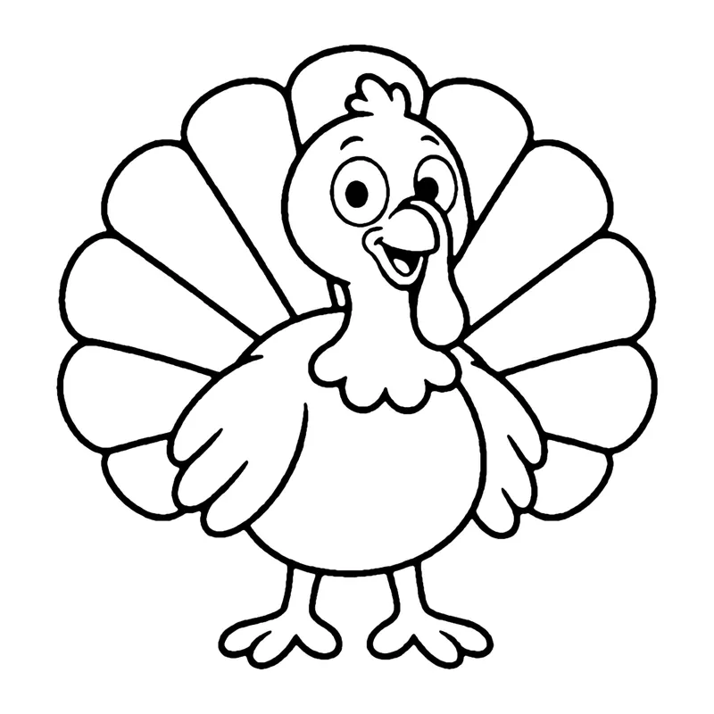 Line drawing of a turkey with a big fanned tail of rounded feathers behind its body