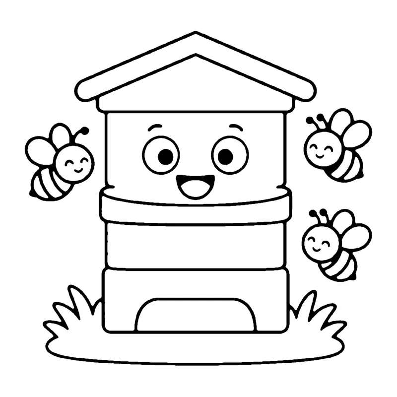 Line drawing of a smiling stacked wooden beehive with a roof and three little bees flying around