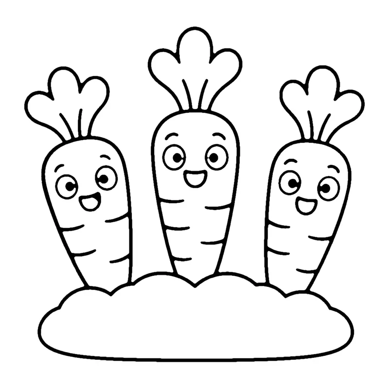 Line drawing of three smiling carrots with leafy tops growing in a mound of soil