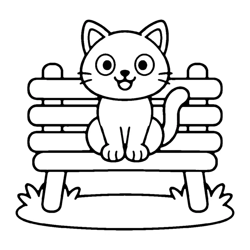Line drawing of a smiling cat sitting on a slatted wooden garden bench