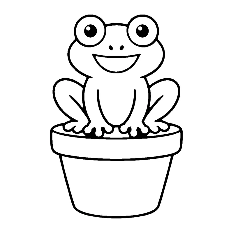 Line drawing of a smiling frog sitting on top of a clay flowerpot